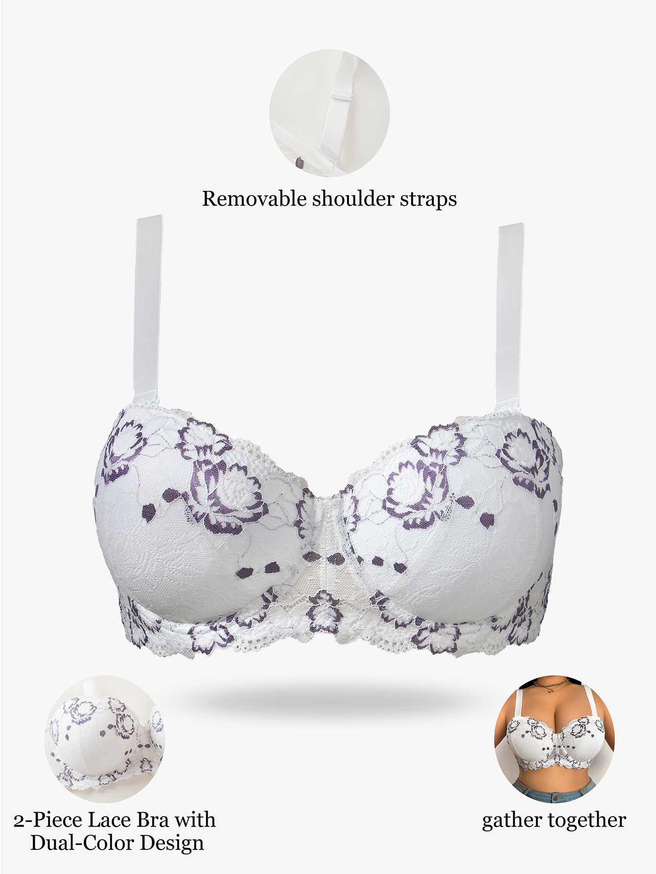 Underwire Bra Padded - Plus Size Lace & Embroidery Women