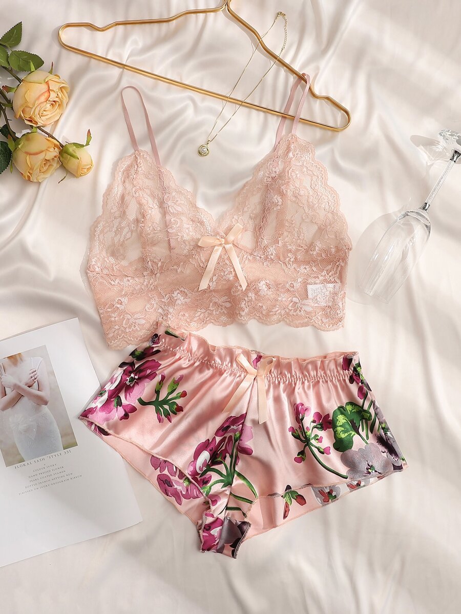Pink Floral Lace Bralette and  - Lace Bralette Set ulasan dan harga