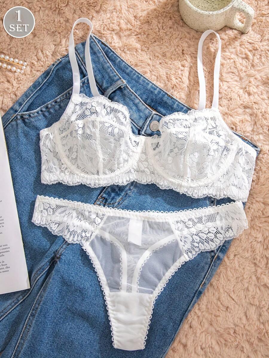 White Lace Bra and Panty Set w - Sheer Bra Lace ulasan dan harga