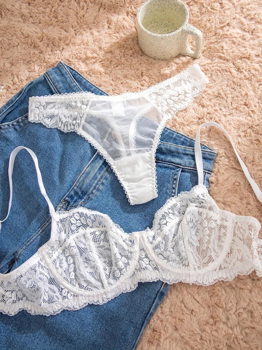 White Lace Bra and Panty Set w - Sheer Bra Lace ulasan dan harga